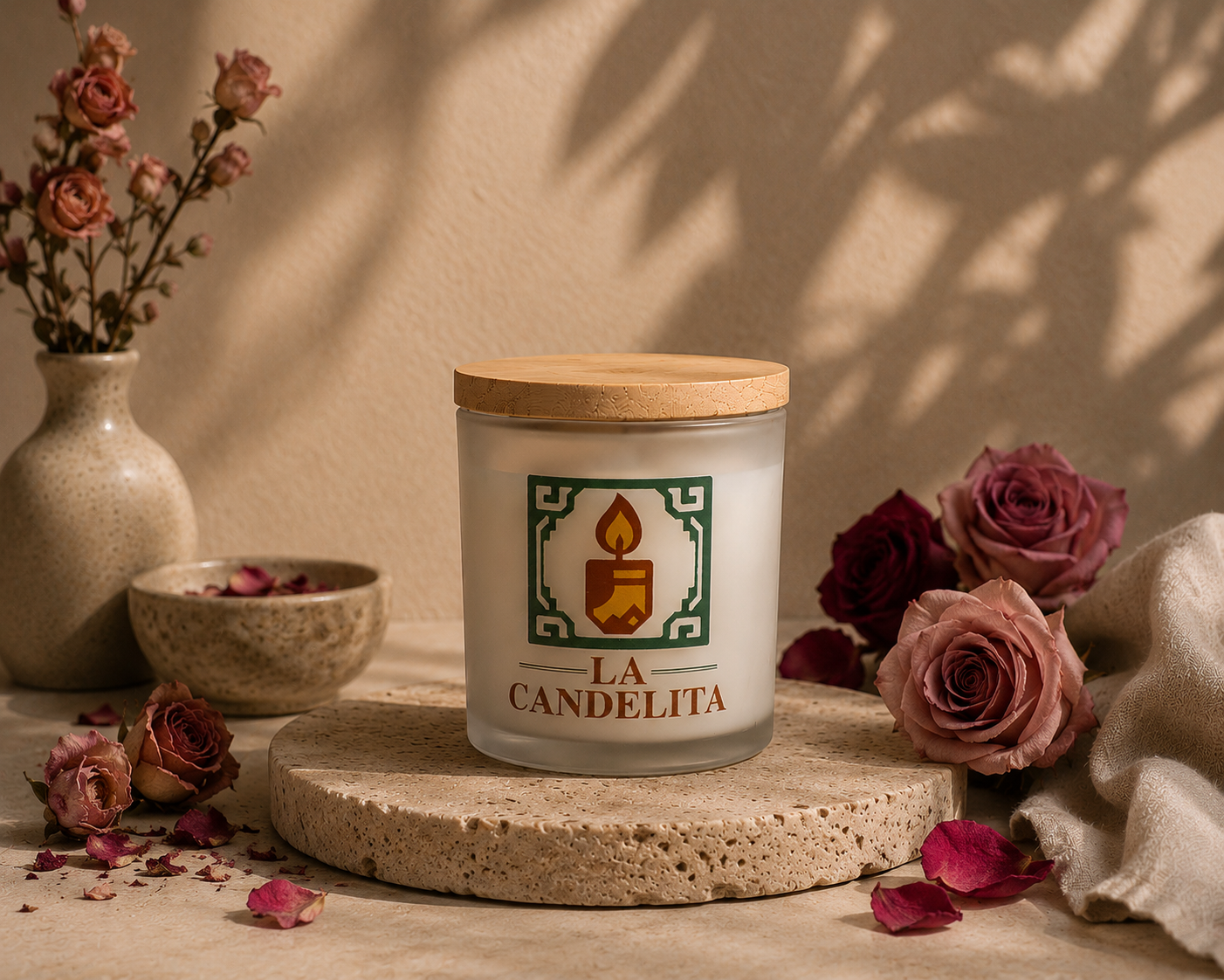 A glass jar candle with a light wood lid sits on a round stone platter, surrounded by dried roses, rose petals, and a small vase in a warm, styled setting. The candle label reads 'LA CANDELITA'.