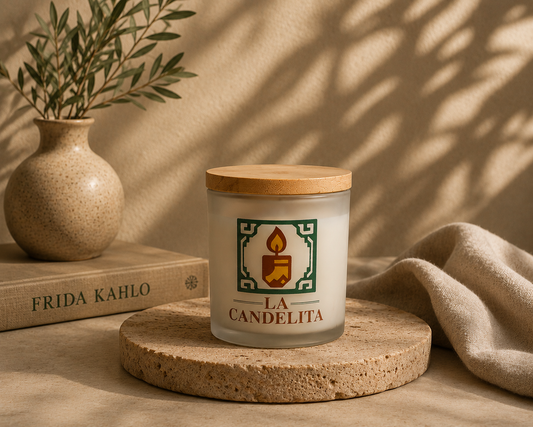 A frosted glass jar candle with a bamboo lid sits on a round stone coaster. The candle features a green and gold label with a candle icon and the text 'LA CANDELITA'.